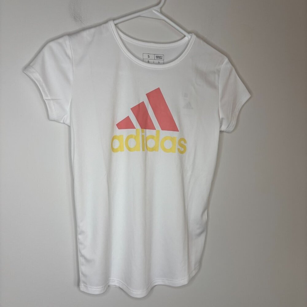 ADIDAS NEW Short Sleeve Tee Girls S(7/8) Aeroready Pink Yellow Crew Neck Reg Fit